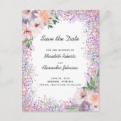 Boho Violet Pêche Fleur Glitter Invitation à sauve (Devant)