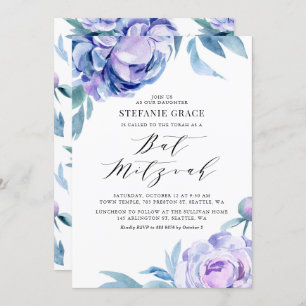 Boho Violet Waterverf Peonies Floral Bat Mitzvah Kaart
