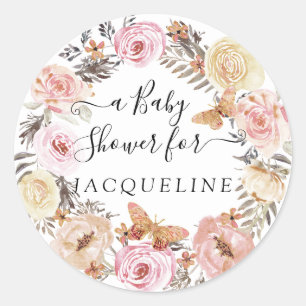 Boho vlinder blush bloemenkrans Waterverf Baby Ronde Sticker