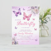 Boho vlinder meisje Baby shower Paarse Bloemen Roz Kaart (Staand voorkant)