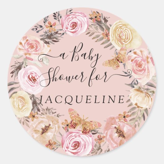 Boho vlinder roze Waterverf bloemenkrans Baby Ronde Sticker (Voorkant)