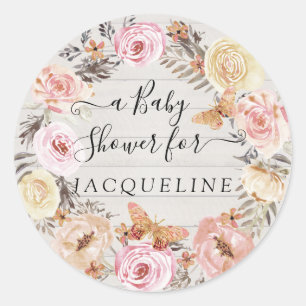 Boho vlinder roze wit hout bloemenkrans Baby Ronde Sticker