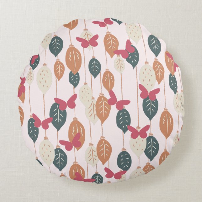 Boho vlinders & bladeren patroon rond kussen (Voorkant)