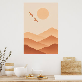 Boho Vogels & Bergzon – Minimalistische Natuur Poster