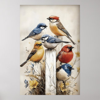Boho Vogels Op Hek Afdruk, Vogel Rustieke Kinderka Poster