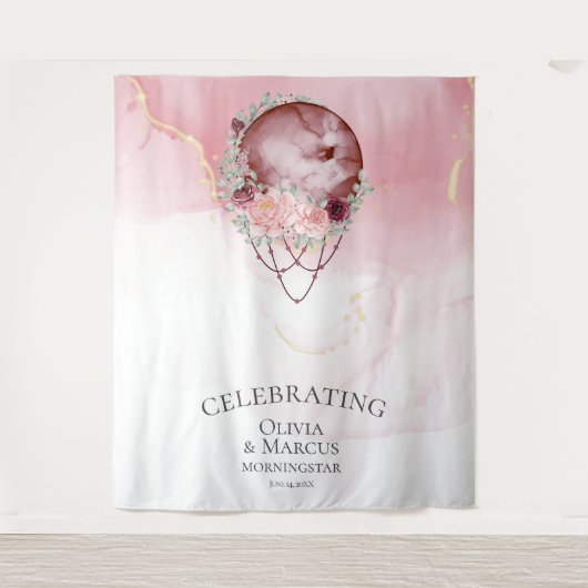 BOHO Volle Maan Stof Roze Aquarel Hemels Wandkleed (Voorkant)