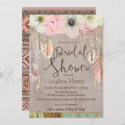 Boho Vrijgezellenfeest Uitnodigen, Tribal Feather Kaart (Voorkant / Achterkant)