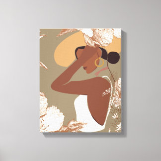 Boho-vrouw met neutrale esthetische bloemrijke lij canvas afdruk