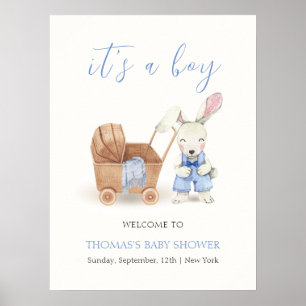 Boho wandelwagen Konijn Jongen Baby shower Welkom Poster