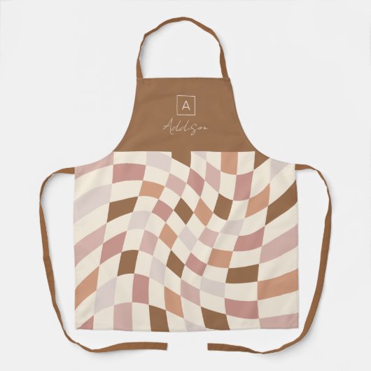 Boho Warped Checker gepersonaliseerd monogram Schort (Voorkant)