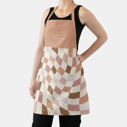 Boho Warped Checker gepersonaliseerd monogram Schort (Insitu)