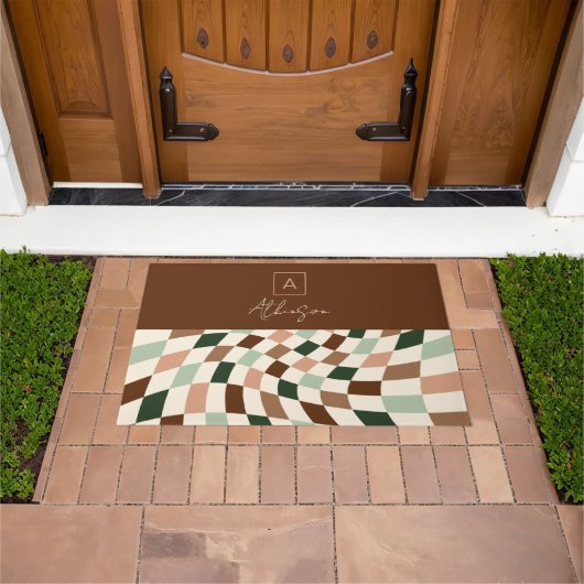 Boho Warped Checkerboard gepersonaliseerd monogram Deurmat (Buiten)