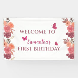 Boho Watercolor Bloemen Eerste Verjaardag Spandoek