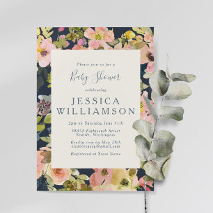 Boho Watercolor Bloemen Navy en Blush Baby Shower Kaart