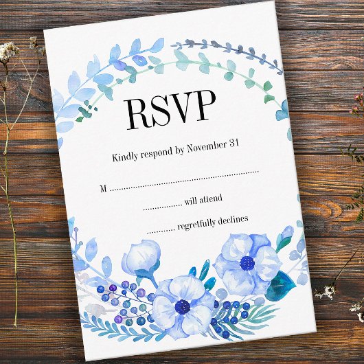 Boho Watercolor Blue Floral Wedding Carte RSVP