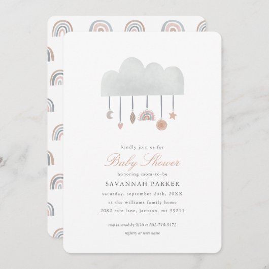 Boho Watercolor Cloud Genre Neutre Invitation (Devant / Derrière)