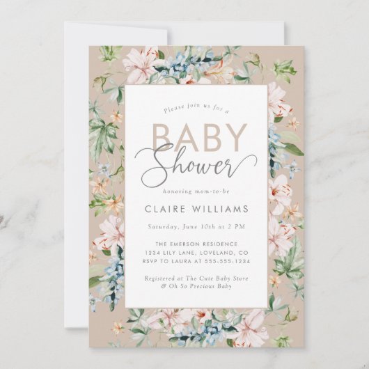 Boho Watercolor Floral Baby shower Invitation (Devant)