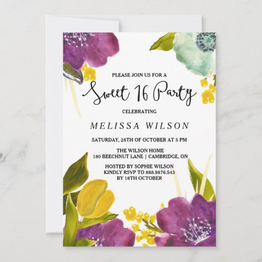 Boho Watercolor Flowers Sweet sixteen Invitation (Devant)