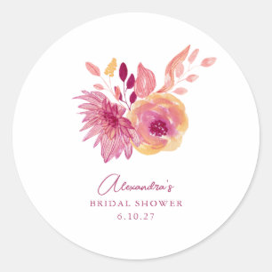 Boho Watercolor Magenta Rode Bloemen Bruidsdouche Ronde Sticker