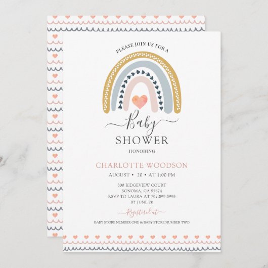 Boho Watercolor Rainbow Baby shower Invitation (Devant / Derrière)