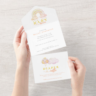 Boho Watercolor Roze Regenboog Meisje Baby Shower All In One Uitnodiging
