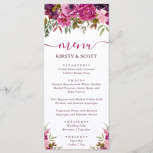 Boho Watercolor Spring Flowers Menu Mariage (Devant)