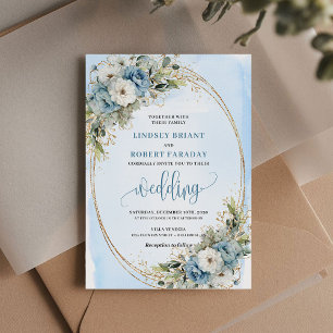 Boho Watercolor Stofblauw Bloemig Goud Bruiloft  Kaart