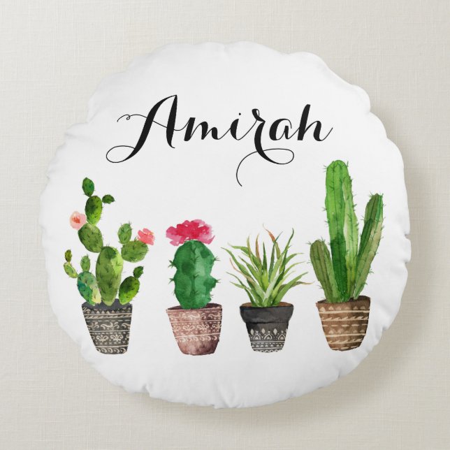Boho Watercolor Succulents Coussin rond personnali (Devant)