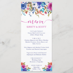 Boho Watercolor Summer Flowers Menu Mariage