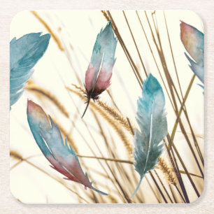 Boho Watercolor Turquoise & Roze Veren en Gras Vierkante Kartonnen Onderzetter