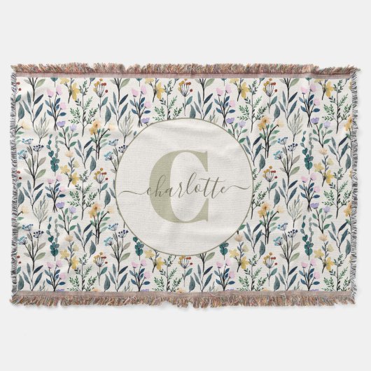 Boho Watercolor Wilde Bloemen Patroon Monogram Naa Deken (Voorkant)