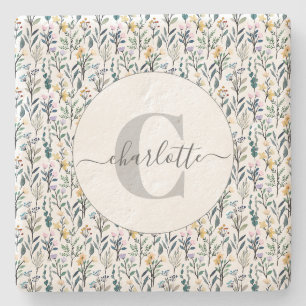 Boho Watercolor Wilde Bloemen Patroon Monogram Naa Stenen Onderzetter