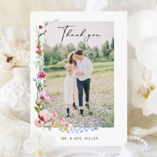 Boho Watercolor Wildflower Calligraphy Wedding Bedankkaart