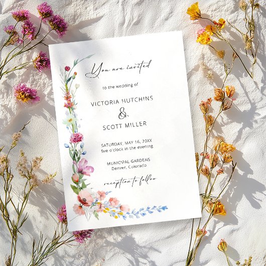Boho Watercolor Wildflower Calligraphy Wedding Kaart