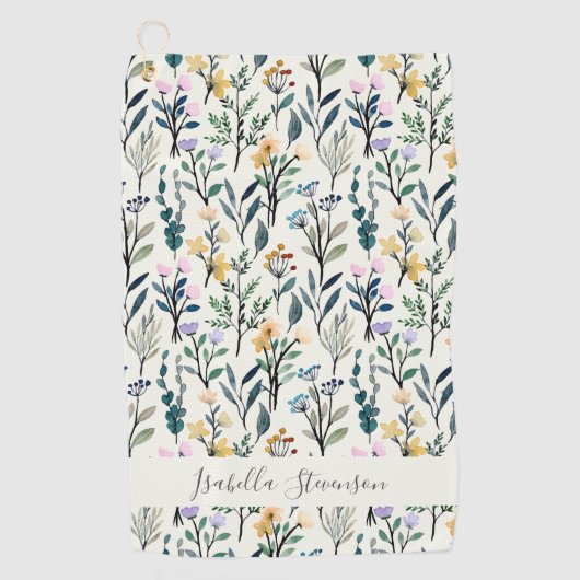 Boho Watercolor Wildflower Personalized Name Golfhanddoek (Voorkant)