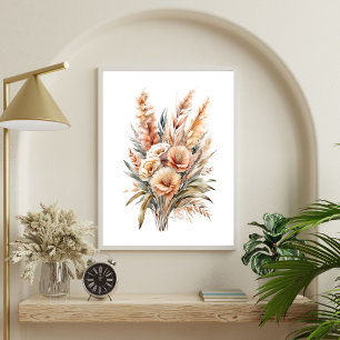 Boho Waterverf Beige Cream Bruin Botanische Bloeme Poster
