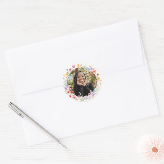 Boho Waterverf Bloemen Afstuderen Foto Ronde Sticker (Envelop)