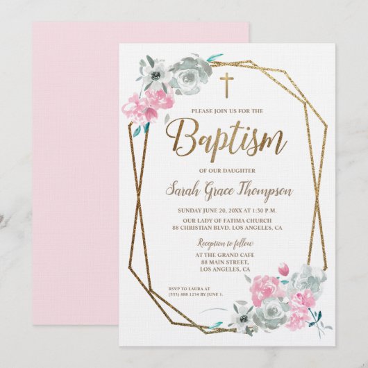 Boho Waterverf bloemen baby roze Baptisme Kaart (Voorkant / Achterkant)