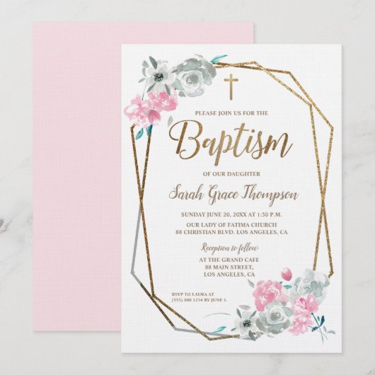 Boho Waterverf bloemen baby roze Baptisme Kaart (Voorkant / Achterkant)