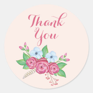 Boho Waterverf Bloemen Boeket, "Dank u" Ronde Sticker