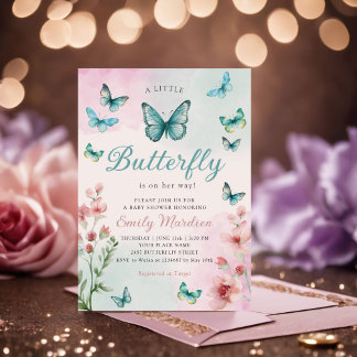 Boho Waterverf Bloemen Meisje Vlinder Baby shower Kaart