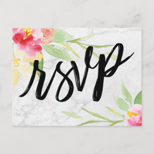Boho Waterverf Bloemen op Subtle Grey Marble RSVP Briefkaart