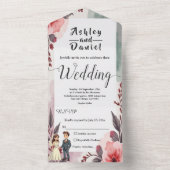 Boho Waterverf Bloemenbruid en bruidegom bruiloft All In One Uitnodiging (Binnen)