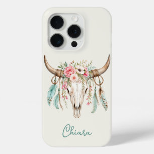 Boho Waterverf Bloemige Koeien Schedel iPhone 15 Pro Case