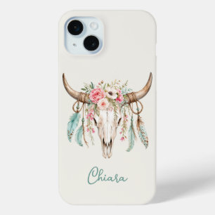 Boho Waterverf Bloemige Koeien Schedel iPhone 15 Mini Hoesje