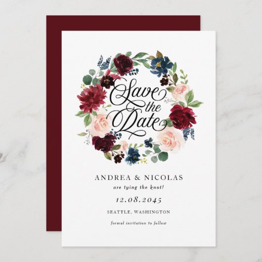 Boho Waterverf Bourgondië en blauwe bloemenkrans Save The Date (Voorkant / Achterkant)
