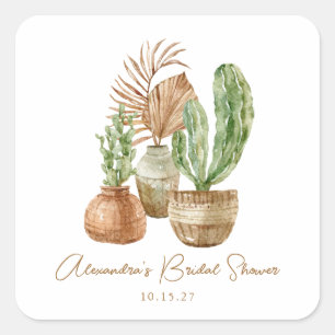 Boho Waterverf Cactus Pampas Plant Bruidsdouche Vierkante Sticker