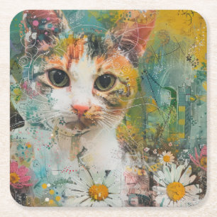 Boho Waterverf Cats - Aardse katachtige kunst (3) Vierkante Kartonnen Onderzetter