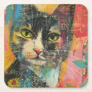 Boho Waterverf Cats - Aardse katachtige kunst (6) Vierkante Kartonnen Onderzetter