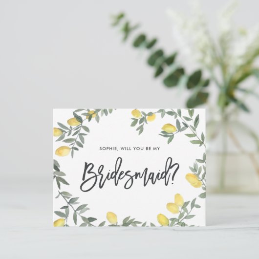 Boho Waterverf Citroen Krans Wees Mijn Bruidsmeisj RSVP Kaartje (Staand voorkant)